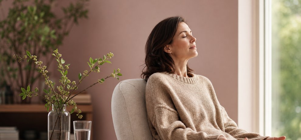 Mujer sentada junto a una ventana ojos cerrados tomando una pausa para aliviar su carga mental