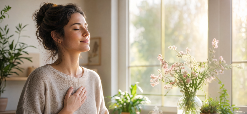 Mujer serena respirando con calma a la luz de la mañana, que ilustra la regulación natural del cortisol y la gestión del estrés