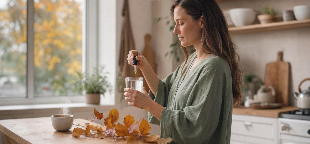 Mujer que vierte gotas de concentrado de yemas en un vaso de agua para una detox de otoño