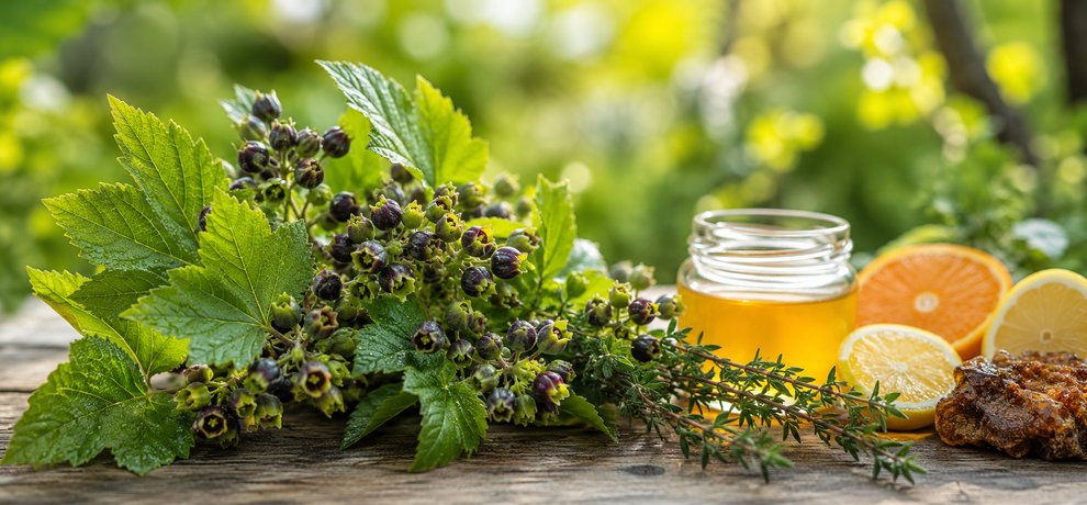 Yemas frescas de grosellero negro, miel dorada y citricos sobre una superficie de madera, luz natural de primavera