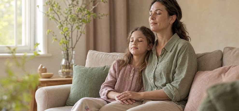 Madre e hija sentadas en el sofá practicando un ejercicio de respiración para aliviar el estrés familiar