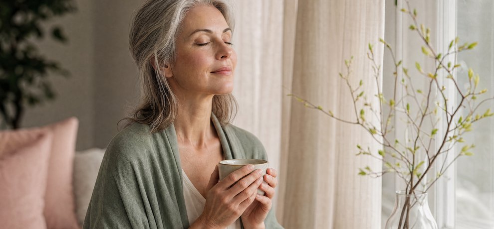 Mujer serena de unos cincuenta años bebiendo una infusion junto a una ventana luminosa, menopausia vivida con calma