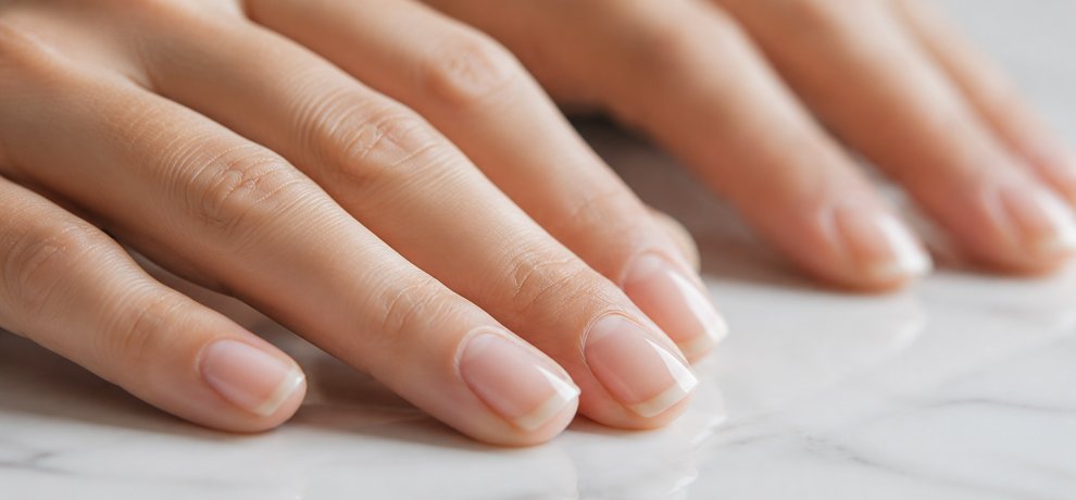Primer plano de manos con uñas naturales y sanas sobre fondo neutro